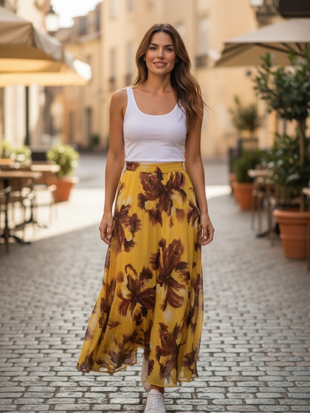 Cato Women’s Yellow Brown Floral Chiffon Long A-Line Skirt Lined Size